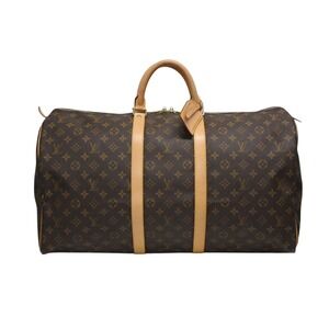 LOUIS VUITTON Keepall Boston Bag Monogram Coated Canvas Natural Leather Brown